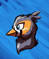  accessory avian beak blue_eyes bust_portrait feral grey_body gryphon gyrotech male markings mythological_avian mythological_creature mythology neutral_expression orange_markings portrait ruzzy scruffasus solo zebra_finch 