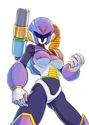  ammunition_belt android breasts cannon capcom commentary_request cowboy_shot facing_viewer female genderswap_(mtf) helmet large_breasts mega_man_(series) mega_man_x_(series) robot rule_63 shoulder_cannon simple_background solo tsunemi_aosa vile_(mega_man) weapon white_background 