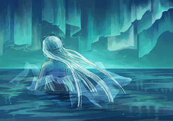  aurora bare_shoulders blue_theme facing_away fantastic_children female lowres naka_deiko night night_sky ocean outdoors sky solo tina_(fantastic_children) veil wading water white_hair 