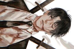  1boy black_hair black_necktie blood blood_from_eyes blood_on_clothes blood_on_face chainsaw_man chest_belt collared_shirt curtained_hair ear_piercing highres injury katana kishibe_(chainsaw_man) kishibe_(young)_(chainsaw_man) looking_at_viewer male_focus multiple_piercings ndsoda necktie open_mouth piercing scar scar_on_cheek scar_on_face shirt short_hair sideways simple_background solo sword weapon weapon_on_back white_background white_shirt 