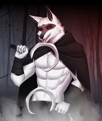  anthro canid canine canis cape clothing death_(puss_in_boots) detailed_background digital_media_(artwork) dreamworks fur hi_res licking looking_at_viewer male mammal muscular open_mouth pupils puss_in_boots_(dreamworks) red_eyes red_pupils red_sclera sickle slimorinkaowo smile solo teeth tongue tongue_out white_body white_fur wolf wolf_tail 