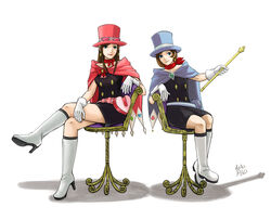  2girls absurdres apollo_justice:_ace_attorney bandana black_skirt blue_eyes blue_headwear boots brown_hair cape chair club_(shape) crossed_legs earrings ema_skye eyewear_on_head eyewear_on_headwear gloves gyakuten_saiban hat heart highres jewelry knee_boots long_hair looking_at_viewer magician multiple_girls noh_masked photoshop_(medium) pink_cape pink_headwear red_bandana scarf short_hair sidelocks simple_background sitting skirt smile spade_(shape) top_hat trucy_wright wand white_background white_footwear white_gloves 