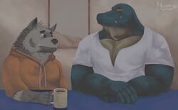  2020 5_fingers anthro beverage clothing coffee coffee_mug crocodile crocodilian crocodylid dave_(password) duo fingers fur furniture gayredalligator green_body grey_body grey_fur hi_res holding_coffee_mug holding_object hoodie humanoid_hands hyena inside looking_at_another looking_at_viewer male mammal muscular muscular_male orange_clothing orange_hoodie orange_topwear painting password_(visual_novel) reptile sal_(password) scalie shirt signature sitting striped_hyena table teeth topwear white_clothing white_shirt white_topwear yellow_eyes 