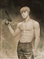  1boy abs art_of_neight artist_name artstation_logo commentary cowboy_shot deviantart_logo facebook_logo floch_forster frown greyscale gun handgun highres holding holding_gun holding_weapon instagram_logo male_focus monochrome muscular muscular_male navel patreon_logo pectorals sepia shingeki_no_kyojin solo tiktok_logo topless_male twitch_logo twitter_logo watermark weapon web_address 