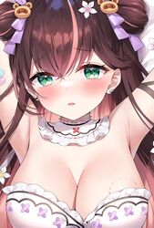  armpit_crease armpits arms_up ayamy bandaid bandaid_on_arm bite_mark bite_mark_on_breast blush breasts brown_hair cleavage earrings female flower flower_earrings green_eyes hair_flower hair_ornament hanamori_healthy highres indie_virtual_youtuber jewelry large_breasts long_hair looking_at_viewer on_bed open_mouth pill_hair_ornament raccoon_hair_ornament solo virtual_youtuber 