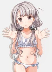  arms_up bikini braid braided_bangs brown_eyes commentary_request female grey_background grey_hair groin hisakawa_nagi idolmaster idolmaster_cinderella_girls long_hair low_twintails lowleg lowleg_bikini naruse_nagi navel side-tie_bikini_bottom simple_background solo swimsuit thigh_gap twintails white_bikini 