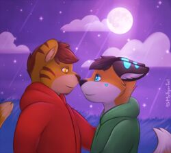  2016 anthro canid canine clothing cloud countershading duo felid fox gabe_(mytigertail) heart_(marking) heart_on_body heart_symbol hoodie lan_(zeta-haru) male mammal markings moon mytigertail night pantherine signature sky star star_pupils star_symbol starry_sky tiger topwear 