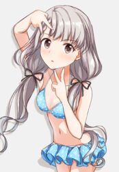  arm_up armpits bikini bikini_skirt blue_bikini blue_skirt braid braided_bangs breasts brown_eyes cleavage double_v female grey_background grey_hair hisakawa_nagi idolmaster idolmaster_cinderella_girls long_hair low_twintails miniskirt naruse_nagi navel polka_dot polka_dot_bikini simple_background skirt small_breasts solo swimsuit twintails v 