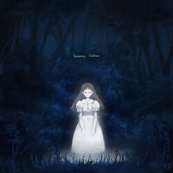  brown_hair copyright_name dress fantastic_children female forest grass looking_at_viewer naka_deiko nature night outdoors short_sleeves signature solo standing white_dress 