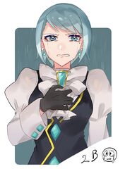  absurdres arm_at_side black_gloves blue_eyes blue_hair bow bowtie brooch clenched_teeth crying crying_with_eyes_open earrings female gloves gyakuten_saiban hand_up highres jewelry karuma_mei light_blue_hair long_sleeves looking_at_viewer mole mole_under_eye phoenix_wright:_ace_attorney_-_justice_for_all puffy_long_sleeves puffy_sleeves rin_(yukameiko) short_hair simple_background solo tears teeth upper_body vest wet white_bow white_bowtie 