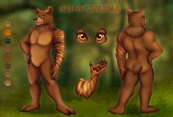  5_fingers anthro ass bear brown_pawpads claws david_the_bear featureless_crotch fingers front_view grass hand_on_hip hi_res invidiart male mammal model_sheet natural_colors navel nude orange_eyes outside pawpads paws plant rear_view smile solo standing stripes 