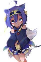  :&gt; ahoge animal_ears atsu_toushirou_(tenka_hyakken) bare_legs bare_shoulders blue_eyes blue_hair blush bracelet capelet cat_ears closed_mouth female frills fur_trim hair_between_eyes hairband jewelry mikanbako320 reverse_grip short_hair short_sword shorts sidelocks solo sword tantou tenka_hyakken waist_cape weapon white_background yellow_hairband 