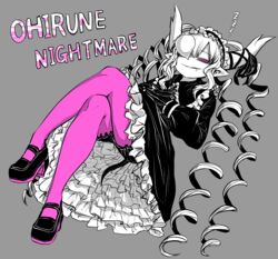  bubble character_name demon_girl demon_horns drill_hair female gothic_lolita highres horns limited_palette lolita_fashion musuko_ga_kawaikute_shikatanai_mazoku_no_hahaoya nightmare_(mazohaha) pantyhose petticoat saliva sleeping white_horns zyugoya zzz 