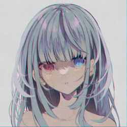  :o blue_eyes collarbone commentary_request female grey_background grey_hair heterochromia long_hair looking_at_viewer naoton nude original parted_lips portrait red_eyes simple_background solo 