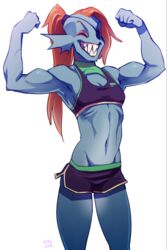  animal_humanoid athletic athletic_female athletic_humanoid bottomwear bra clothing eye_patch eyewear female fin fish fish_humanoid flat_chested flexing grin ground-lion hair humanoid marine marine_humanoid navel one_eye_closed ponytail red_hair sharp_teeth shorts smile solo sports_bra teeth undertale_(series) underwear undyne 