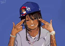  animification arms_up artist_name baseball_cap black_hair blue_hat blush brown_eyes chain_necklace chains chibi commentary dababy_(rapper) dark-skinned_female dark_skin dated derivative_work english_commentary female genderswap_(mtf) grey_shirt hat head_tilt highres hip_hop jewelry los_angeles_dodgers major_league_baseball necklace one_eye_closed open_mouth pants photo-referenced real_life red_hat red_pants rule_63 shiromonefu shirt simple_background smile solo tattoo upper_body watch white_shirt wristwatch 