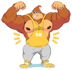  2021 absurd_res anthro ape biceps big_muscles bottomwear clothed clothing donkey_kong_(character) donkey_kong_(series) emanata english_text flexing flexing_bicep flexing_both_biceps footwear front_view fur haplorhine hi_res huge_muscles looking_at_viewer male mammal muscular muscular_anthro muscular_male nintendo nipples obliques one_eye_closed pants pecs primate sharp_teeth shirt shoes simple_background smile smirk solo splashburr standing sweatpants tank_top teeth text text_on_clothing text_on_shirt text_on_tank_top text_on_topwear topwear tuft white_background wink 