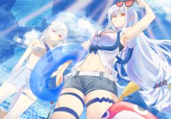  2girls alternate_costume arknights arm_up bare_shoulders beach bikini black_shorts blue_sky breasts cleavage closed_eyes closed_mouth eyewear_on_head from_below hair_between_eyes highres holding holding_toy inflatable_toy light_smile long_hair looking_at_viewer low-tied_long_hair miku17883 multiple_girls navel no_headwear off-shoulder_shirt off_shoulder official_alternate_costume outdoors red_eyes sarong shirt short_shorts shorts skadi_(arknights) skadi_(waverider)_(arknights) sky solo_focus specter_(arknights) stomach sunglasses swimsuit thigh_strap toy very_long_hair white_bikini white_hair white_sarong white_shirt 