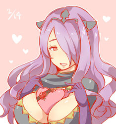  armor bad_id bad_pixiv_id black_armor box breasts camilla_(fire_emblem) cleavage cloak female fire_emblem fire_emblem_fates gloves hair_over_one_eye heart heart-shaped_box large_breasts long_hair open_mouth plunging_neckline purple_eyes purple_hair shougayaki_(kabayaki_3) solo tiara upper_body wavy_hair 