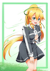  :d absurdres blonde_hair braid breasts female floating_hair green_eyes green_jacket green_ribbons grey_skirt hair_between_eyes hair_ribbon high_ponytail highres jacket ken-ji leafa leafa_(terraria) long_hair long_sleeves medium_breasts miniskirt open_mouth pleated_skirt ribbon school_uniform sidelocks skirt smile solo standing sword_art_online sword_art_online:_alicization sword_art_online:_alicization_-_war_of_underworld sword_mastery_academy_school_uniform twin_braids very_long_hair 