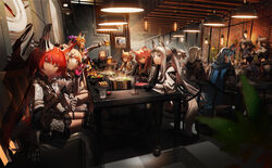  2boys 6+girls :d absurdres alcohol animal_ears arknights armor ashlock_(arknights) aunt_and_niece beer_mug black_footwear black_gloves black_ribbon black_robe black_shirt black_skirt blemishine_(arknights) blonde_hair blue_eyes blue_jacket blue_nails blue_shirt booth_seating boots bowl breastplate brick_wall brown_eyes brown_hair cape ceiling_light closed_eyes coat crossed_legs cup curled_horns demon_horns drinking ear_covers ear_tag everyone extra_ears facing_away flametail_(arknights) flower food frying_pan gaanc_23_(tomosuge) gambeson gauntlets glass gloves gravel_(arknights) gravel_(modeling_night)_(arknights) hair_between_eyes hair_ornament hairclip hand_up hanging_light hat heart heart_in_mouth highres holding holding_cup holding_saucer holding_utensil hood hood_down hooded_robe horn_ornament horn_ribbon horns horns_through_headwear horse_ears horse_girl horse_tail hotpot indoors jacket knee_pads light_bulb long_hair looking_at_viewer midriff mlynar_(arknights) mug multiple_boys multiple_girls nearl_(arknights) nearl_the_radiant_knight_(arknights) nightingale_(arknights) official_alternate_costume open_mouth own_hands_together partially_fingerless_gloves pauldrons pink_gloves pink_hair plant platinum_(arknights) pleated_skirt pointy_ears ponytail potted_plant purple_cape record red_flower red_hair restaurant ribbon robe roy_(arknights) saucer shining_(arknights) shirt short_hair short_hair_with_long_locks short_sleeves shoulder_armor siblings sideways_glance sideways_mouth sisters sitting skirt smile squirrel_ears squirrel_girl squirrel_tail sweatdrop t-shirt table tail teeth thigh_boots thigh_strap two-tone_gloves uncle_and_niece upper_teeth_only utensil_in_mouth v whislash_(arknights) whislash_(glory_purple)_(arknights) white_coat white_headwear white_shirt wild_mane_(arknights) window yellow_eyes 