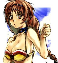  bikini bikini_top_only border braid breasts brown_eyes brown_hair choker cleavage cloud earrings female gensou_suikoden gensou_suikoden_i headband ikunosake jewelry large_breasts long_hair looking_at_viewer neck_ribbon open_mouth portrait ribbon solo stud_earrings swimsuit tengaar_(suikoden) twin_braids undersized_breast_cup undersized_clothes white_background 