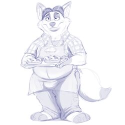  1:1 2016 aaron_(artist) anthro apron belly blue_and_white bottomwear canid canine clothing dessert disney food fox gideon_grey hi_res humanoid_hands male mammal monochrome overweight overweight_male pants pastry pie red_fox shirt simple_background solo topwear true_fox white_background zootopia 