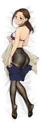  ass bra bracelet breasts brown_eyes brown_hair closed_mouth clothes_pull dakimakura_(medium) feet female from_above from_behind full_body glasses high-waist_pantyhose jewelry long_hair looking_at_viewer lying miru_tights necklace no_shoes okuzumi_yuiko panties panties_under_pantyhose pantyhose purple_bra purple_panties semi-rimless_eyewear skirt skirt_pull small_breasts smile solo string_panties under-rim_eyewear underwear undressing yomu_(sgt_epper) 