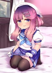  aqua_neckerchief bed bed_sheet black_thighhighs blue_sailor_collar blue_skirt blush curtains female gigokku gloves gradient_hair hair_ornament hat highres kantai_collection mole mole_under_eye multicolored_hair neckerchief on_bed open_mouth pillow purple_hair sailor_collar school_uniform serafuku short_sleeves sidelocks sitting skirt solo thighhighs white_gloves white_hat window 