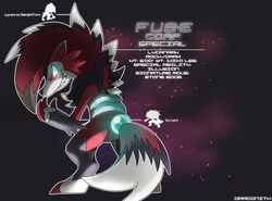  2019 ambiguous_gender anthro dragonith english_text fakemon fusion generation_5_pokemon generation_7_pokemon lycanroc midnight_lycanroc nintendo pokemon pokemon_(species) pokemon_fusion smile solo text zoroark 