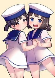  2girls black_hair blue_eyes blue_sailor_collar blush brown_eyes brown_hair daitou_(kancolle) dress gigokku hiburi_(kancolle) highres holding_hands kantai_collection multiple_girls open_mouth panties pantyshot ponytail sailor_collar sailor_dress short_sleeves simple_background smile underwear white_dress white_panties yellow_background 