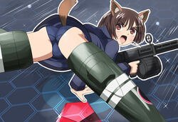  animal_ears ass blue_one-piece_swimsuit blush bouncing_ass brave_witches brown_eyes brown_hair female gun hair_ornament hairclip hosoinogarou karibuchi_hikari looking_at_viewer looking_back military military_uniform neuroi one-piece_swimsuit open_mouth rifle shiny_skin short_hair solo spread_legs squirrel_ears squirrel_girl squirrel_tail striker_unit swimsuit tail uniform weapon world_witches_series 