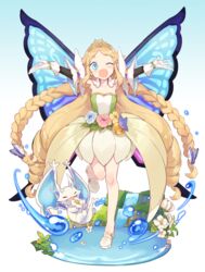  ;d armpits blonde_hair blue_background blue_eyes blush braid butterfly_wings collarbone commentary creature detached_collar detached_sleeves dragon drill_hair fairy female flower flower_request flower_skirt full_body gloves gradient_background hair_flaps high_heels highres holding holding_flower insect_wings leg_up long_hair looking_at_viewer merc_storia minie multi-tied_hair one_eye_closed open_mouth outstretched_arms parted_bangs plant pointy_ears pond sarodia sidelocks smile spread_arms tiara twin_braids twin_drills very_long_hair water water_drop waterfall white_background white_footwear white_gloves wings 