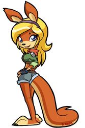  2012 2:3 anthro ass barefoot biped black_nose blonde_hair blue_eyes bottomwear breasts clothed clothing feet female hair jak_and_daxter mammal mustelid naughty_dog ottsel rongs1234 shorts simple_background smile solo sony_corporation sony_interactive_entertainment standing tess_(jak_and_daxter) white_background 