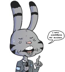  alpha_channel anthro black_body black_fur buckteeth clothed clothing dialogue dipstick_ears disney ear_markings english_text facial_markings fur gesture grey_body grey_fur gud head_markings jack_savage lagomorph leporid male mammal markings multicolored_ears open_mouth rabbit simple_background solo speech_bubble standing suit teeth text tongue transparent_background zootopia 