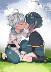  2boys ahoge asymmetrical_hair bare_legs blue_hair cape chinese_clothes chongyun_(genshin_impact) closed_eyes commentary_request genshin_impact grass highres hood kissing kokuchuutei lolicon long_sleeves multiple_boys pants shoes short_hair toned toned_male translation_request xingqiu_(genshin_impact) yaoi yellow_eyes younger 