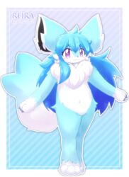  anthro blue_body blue_fur blue_hair chest_tuft countershade_fur countershade_torso countershading english_text february_sio female fur hair hi_res inner_ear_fluff paws purple_eyes reira signature solo text tuft white_body white_fur 