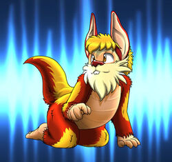  2014 all_fours ambiguous_gender anthro beard blue_background brown_eyes buckteeth facial_hair fur kitsune_youkai low_res multicolored_body multicolored_fur red_body red_fur shaded simple_background snarf snarf_(species) solo tail teeth thundercats thundercats_1985 two_tone_body two_tone_fur yellow_body yellow_fur 