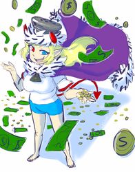  blonde_hair blue_eyes cape clothing coin demon fangs female hair hat headgear headwear heterochromia hi_res horn humanoid money not_furry red_eyes salt-chan saltybet smile solo teeth the-chinad011-house 