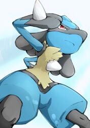  2019 ambiguous_gender blue_body blue_fur fur generation_4_pokemon hi_res lucario nintendo pokemon pokemon_(species) popkage red_eyes solo 