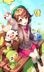  :d absurdres arm_up bench blush bob_cut brown_eyes brown_footwear brown_hair bug butterfly cardigan dress female gloria_(pokemon) grass green_headwear green_legwear grey_cardigan grookey ha_youn hat highres holding holding_poke_ball korean_commentary leaf long_sleeves looking_at_viewer open_mouth pink_dress poke_ball poke_ball_(basic) pokemon pokemon_(creature) pokemon_swsh scorbunny short_hair sitting smile sobble socks starter_pokemon_trio tam_o&#039;_shanter 