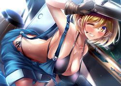  barrel bent_over bikini bikini_under_clothes black_bikini blonde_hair blue_overalls blurry blurry_background blush breasts brown_eyes brown_gloves cleavage collarbone dirty dirty_face djeeta_(granblue_fantasy) female gloves granblue_fantasy grin halterneck hand_on_mask highres large_breasts looking_at_viewer mechanic_(granblue_fantasy) oil one_eye_closed overall_shorts overalls parted_lips short_hair side-tie_bikini_bottom smile solo stir255 string_bikini sweat swimsuit tools welding_mask wrench 