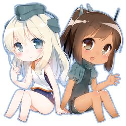  2girls blonde_hair blue_eyes blush brown_eyes brown_hair chibi commentary_request cosplay costume_switch cropped_jacket garrison_cap hair_ornament hairclip hat i-401_(kancolle) i-401_(kancolle)_(cosplay) kantai_collection long_hair looking_at_viewer military military_uniform multiple_girls one-piece_swimsuit open_mouth ponytail puffy_sleeves sailor_collar shirt short_hair side-tie_shirt simple_background sitting sleeveless sleeveless_shirt swimsuit swimsuit_under_clothes tan tousaki_shiina u-511_(kancolle) u-511_(kancolle)_(cosplay) uniform 