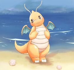  2014 beach blush dragonite generation_1_pokemon looking_away mei_(artist) nervous nintendo outside pokemon pokemon_(species) sea seashell seaside shell sky solo standing water wet wings yellow_body yellow_skin 