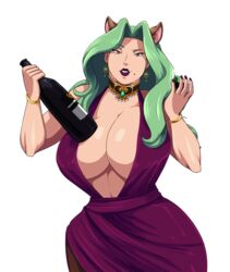  4_ears 5_fingers alcohol alien animal_humanoid beverage big_breasts bottle breasts cleavage clothed clothing container digital_media_(artwork) dress felid felid_humanoid feline feline_humanoid female fingers green_hair hair hi_res holding_beverage holding_object huge_breasts humanoid lipstick long_hair looking_at_viewer makeup mammal mammal_humanoid markings mole_(marking) multi_ear pale_skin pine_pine portrait scittykitty simple_background slightly_chubby smile solo space_dandy thick_thighs three-quarter_portrait white_background wine 