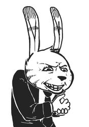  anthro antisemitism black_and_white black_nose clothed clothing dipstick_ears disney ear_markings ears_up facial_markings gud happy_merchant head_markings head_tuft jack_savage lagomorph leporid low_res male mammal markings meme monochrome multicolored_ears necktie rabbit racism reaction_image simple_background solo suit teeth tuft white_background zootopia 