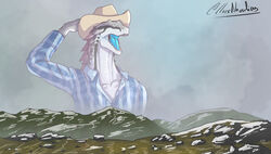  big_enough blue_clothing blue_tongue closed_eyes clothed clothing cowboy cowboy_hat detailed_background dungeons_and_dragons hand_on_hat hasbro hat headgear headwear hi_res lizardfolk_(dnd) lizardman lluisabadias male meme mountain open_mouth outside scalie screaming_cowboy shirt solo tongue topwear wizards_of_the_coast yu&#039;hiss 