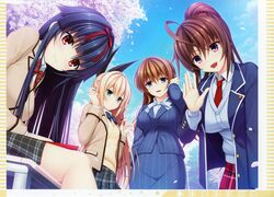  4girls ahoge asami_asami ashiya_suzuka black_hair blazer blonde_hair blue_eyes blue_sky blush book bow breasts brown_hair cloud cloudy_sky day formal hairband hairbow hand_up hayase_chitose_(pretty_x_cation) highres himekawa_honami jacket kurashiki_azusa long_hair long_sleeves looking_at_viewer medium_breasts multiple_girls necktie non-web_source official_art open_mouth outdoors pinstripe_pattern pinstripe_suit ponytail pretty_x_cation_2 purple_eyes red_eyes scan school_uniform shiny_skin simple_background sitting skirt sky smile striped suit tied_hair vertical_stripes 