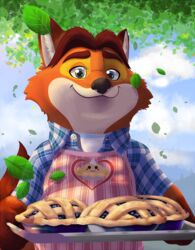  2016 anthro aotoaka apron biped black_nose canid canine clothing cloud dessert disney food fox gideon_grey hi_res leaf male mammal orange_body outside pastry pie red_fox shirt slightly_chubby solo topwear true_fox zootopia 