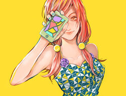  blue_nails breasts closed_mouth collarbone commentary_request female hair_bobbles hair_ornament hirose_yasuho holding jojo_no_kimyou_na_bouken jojolion long_hair looking_at_viewer medium_breasts mizudama pink_eyes pink_hair simple_background smile solo yellow_background 